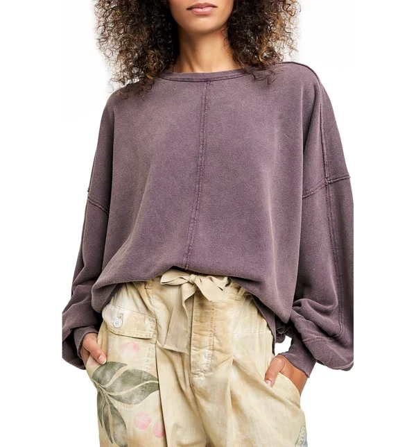 Free People Easy Does It Washed Pullover - Purple Large, Women's
