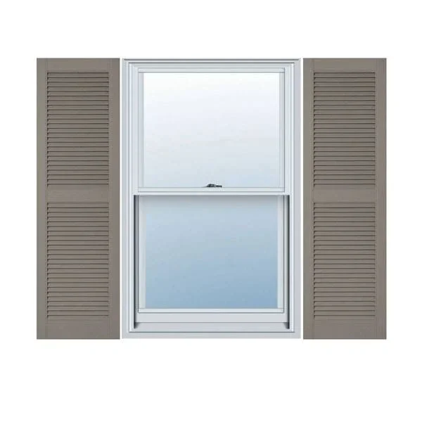 12 inchw x 28 inchh Lifetime Vinyl - Custom Straight Top Center Mullion, Open Louver Shutters, Clay