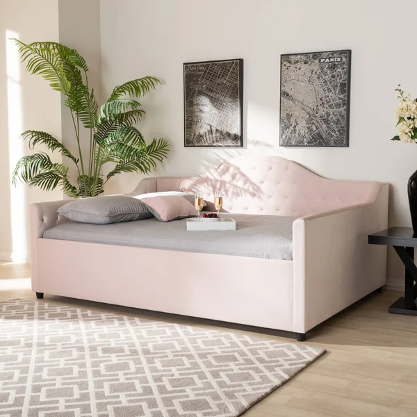 Baxton Studio Perry Velvet Upholstered and Tufted Daybed Light Pink, Size: Queen