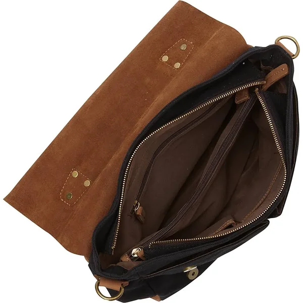 Vagabond Traveler Casual Style Cowhide Leather Cotton Canvas Messenger Bag