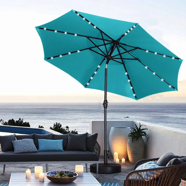 Ainfox 9ft Patio Umbrella with LED Lights & Round Base - Blue - 9 x 9 x 7.61ft