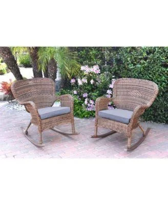 Jeco W00215-R_2-FS033 Set of 2 Windsor Espresso Resin Wicker Rocker Chair with Steel Blue Cushions