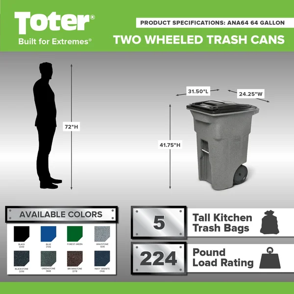 Toter ANA64-00BST Brownstone 2Wheel Trash Can - 64Gal.