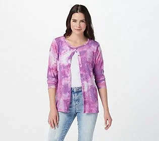 Logo Layers by Lori Goldstein Tie-Dye SheerMesh Cardigan, Size 4X, Royal Lilac