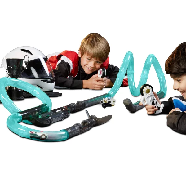 Fao Schwarz 31Piece Glow-in-the-Dark Turbo Tube Racers Race Track Set for Kids with Two Mini Red & Blue RC Cars & Two Re