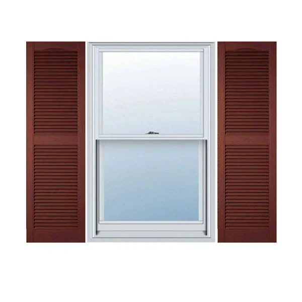 14 1/2 inchw x 38 inchh Lifetime Vinyl - Custom Cathedral Top Center Mullion, Open Louver Shutters, w/Shutter-Loks (Per Pair), Bu