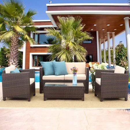 Outdoor Patio Furniture Set - 5 Piece Conversation Set Wicker Sectional Sofa Loveseat Chair Brown Wicker, Beige Cushions, Tan