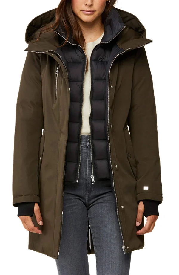 Soiau0026Kyo Belina Mid-Length Classic Down Coat with Puffy Bib - L, Army