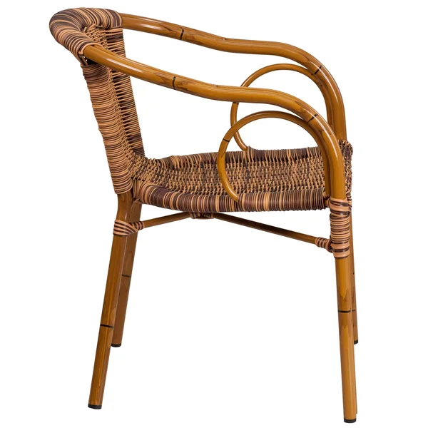 Dark Brown Rattan Restaurant Patio Chair with Red Bamboo-Aluminum Frame