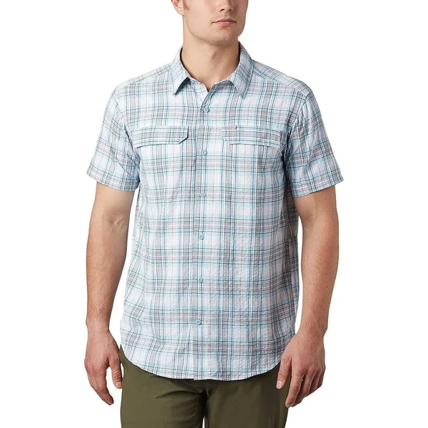 Columbia Men's Silver Ridge SS Seersucker Shirt - Medium - Sky Blue Tartan Plaid