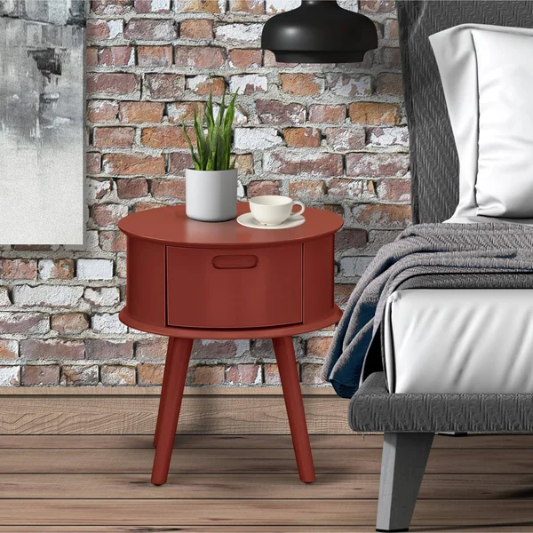 East West Furniture Gordon Round Night Stand End Table with Drawer in Burgundy Finish