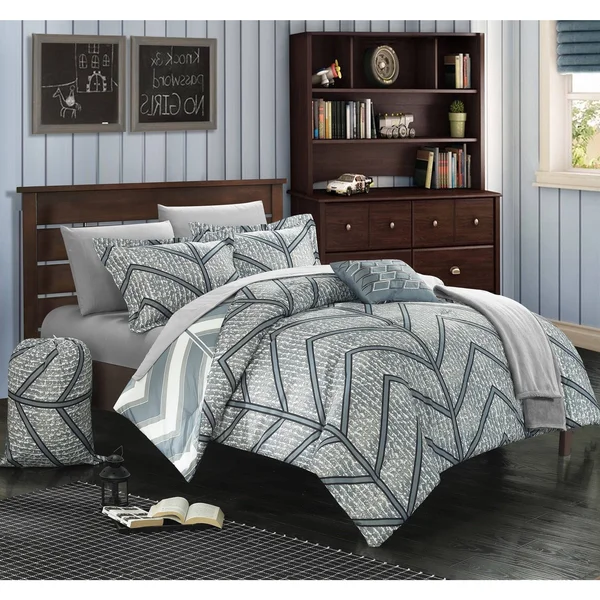 Amaretto Chevron and Geometric Printed Reversible Comforter Set 8 Piece Twin XL Gray Chic Home Design