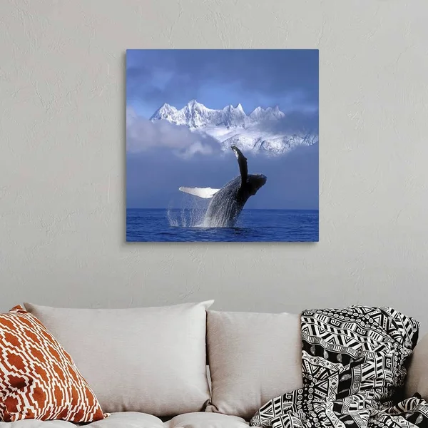 Humpback Whale Breaches in Clearing Fog SE AK Spring w/Mendenhall, Canvas Wall Art, 30x30, Great Big Canvas