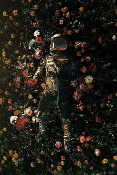 Framed Canvas Art (Gold Floating Frame) - Garden Delights by Nicebleed ( astronomy > Space Exploration > Astronauts art)