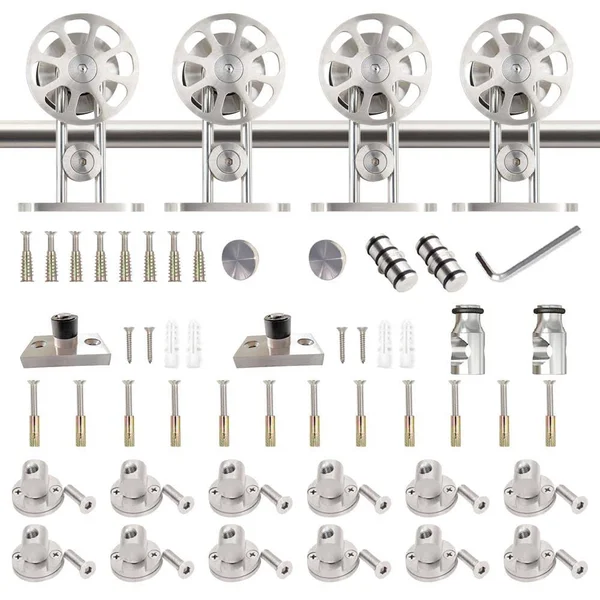 Winsoon 18 ft./216 in. Stainless Steel Sliding Spoke Wheel Barn Door Hardware Kit for Double Door with Non-Routed Floor GUIDE, S