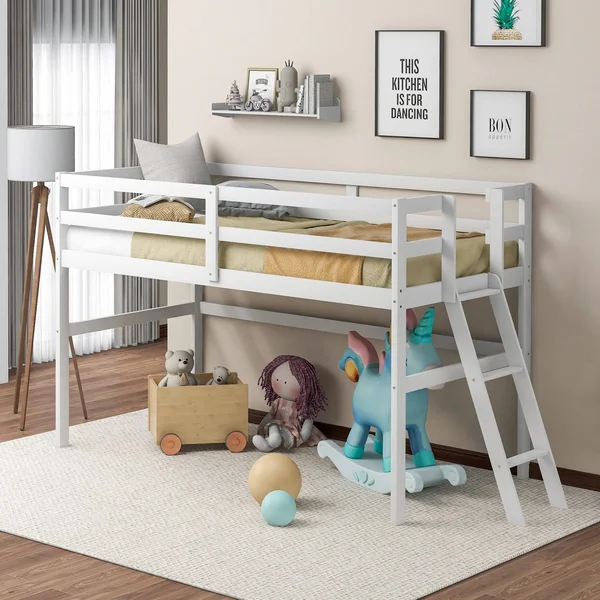 Wooden Twin Size Low Loft Bed with Ladder - White