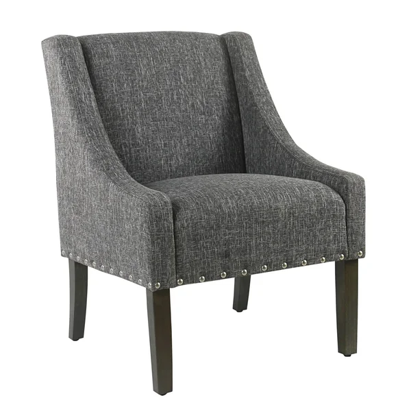 Benzara BM194076 Fabric Upholstered Wooden Accent Chair with Swooping Arms and Nail Head TRIM, Gray and Brown