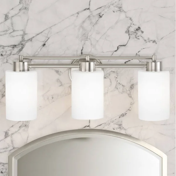 Modern Bathroom Light with White Glass in Satin Nickel Finish