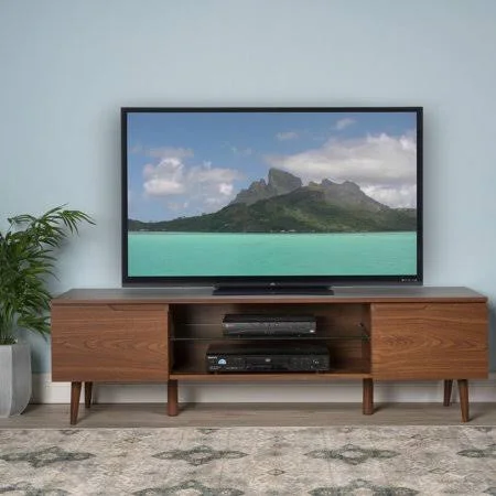 Noble House Cresent Wood Mid Century Modern TV Entertainment Stand, Walnut