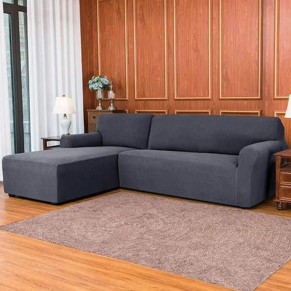 Subrtex Stretch 2-Piece Textured Grid L-Shaped Sectional Sofa Slipcover (2-Seater Left Chaise, Light Gray)