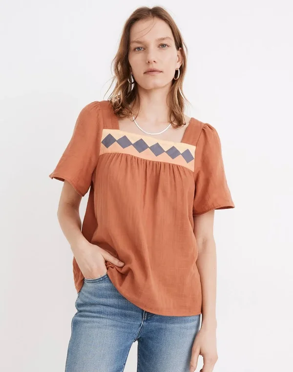 Madewell Women's Patchwork Square-Neck Top in Burnt Clay - Size S