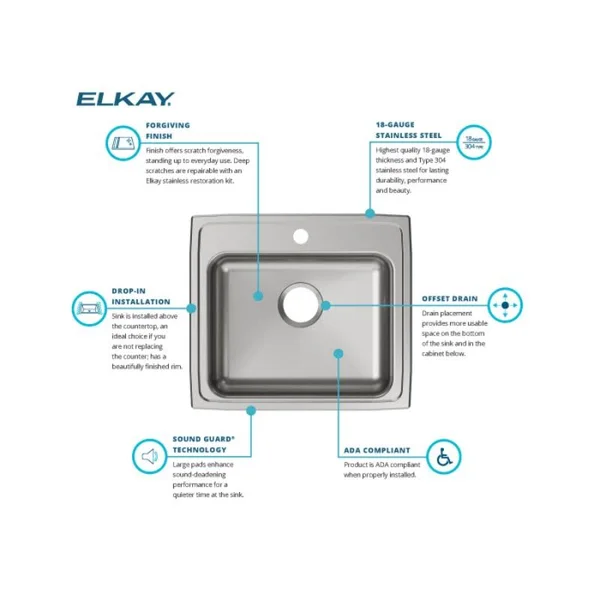Elkay LRAD2219651 Lustertone Single Bowl Kitchen Sink