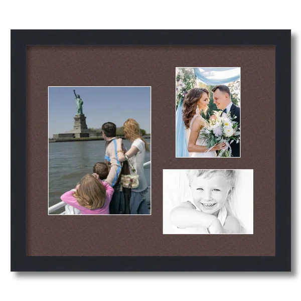 Collage Picture Frame, Satin Black Frame with 3 openings for 8x10 Photos with Brown Peat Mat. D3926DN225, ArtToFrames