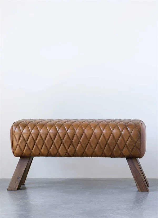 3R Studios Brown Stitched Leather & Wood Bench