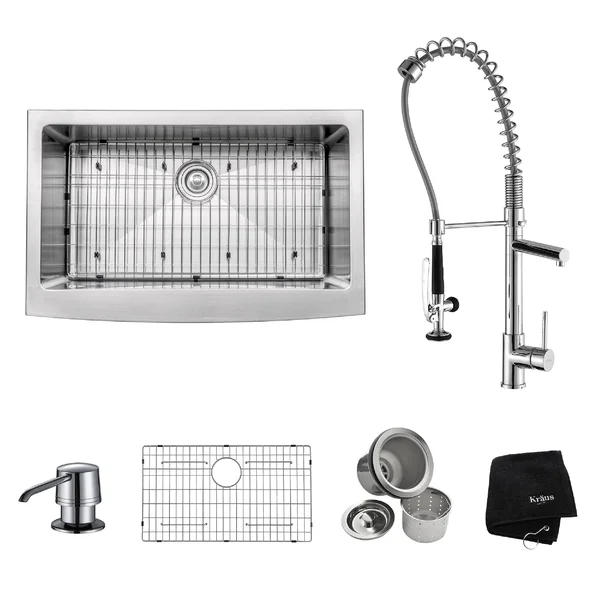Kraus Khf200-33-kpf1602-ksd30ch Farmhouse Single Bowl Stainless Steel Sink with Kitchen Faucet and Soap Dispenser - 33x22