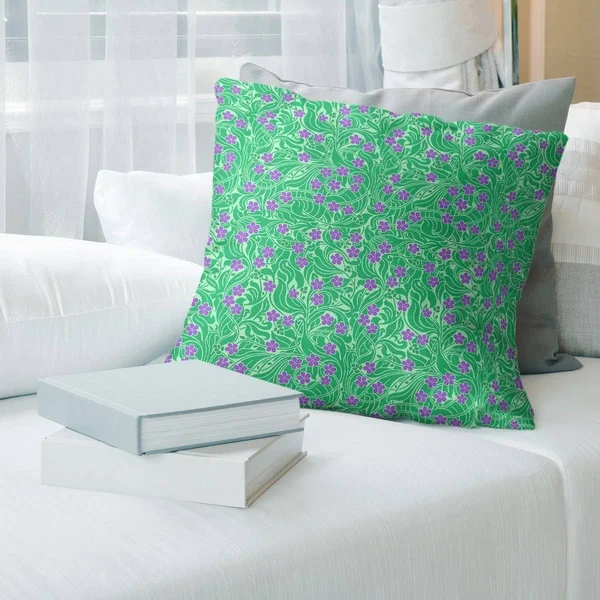 Porch & den Dahlke Swirly Floral Pattern Throw Pillow - 26 x 26 - Green & Purple - Linen