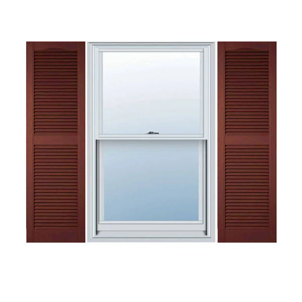 18 inchw x 73 inchh Lifetime Vinyl, Custom Cathedral Top Center Mullion, Open Louver Shutters, w/Shutter-Loks (Per Pair), Burgun