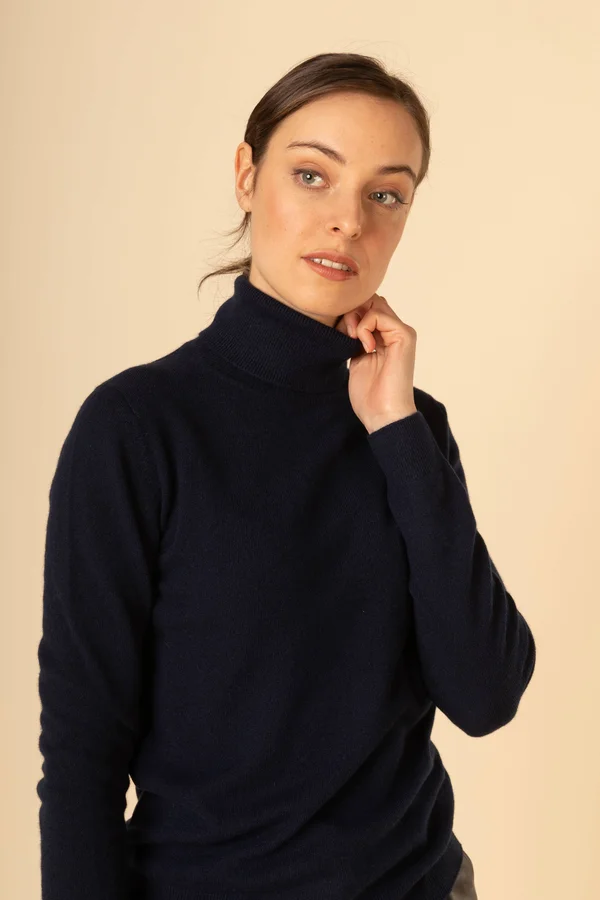 Women's Cashmere Classic Turtleneck Blue - Gobi Cashmere - M, Navy, WK05-1479