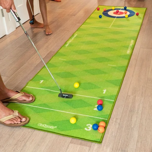 Gosports Pure Putt Challenge Curling & Shuffleboard 2-in-1 Putting Game (10ft Putting Green Rug with 16 Golf Balls & Sco