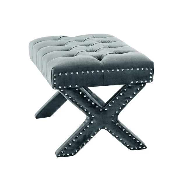 Inspired Home Louis Velvet X-Leg Ottoman – Slate Blue