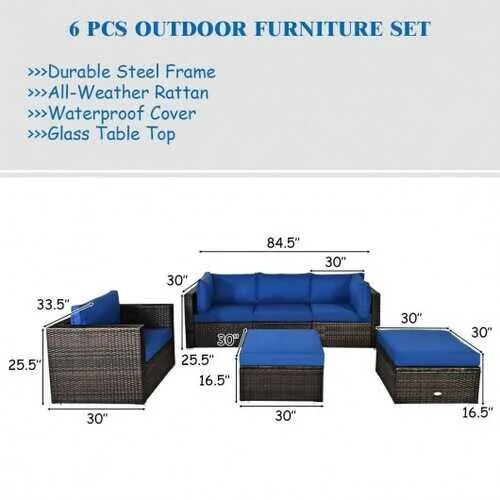 6 Pcs Patio Rattan Sectional Cushion Furniture Set-Turquoise