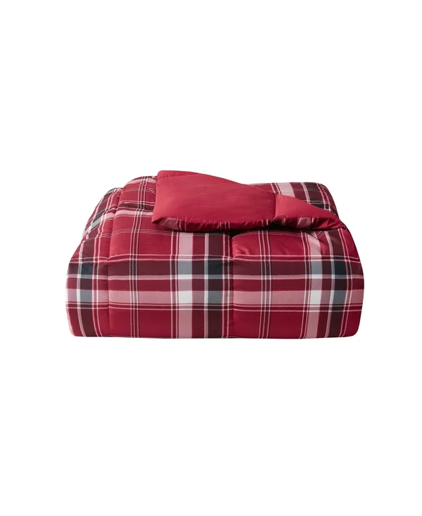 Essentials by Martha Stewart Collection Reversible Plaid Twin Comforter - Created for Macy&s - Red Prestin