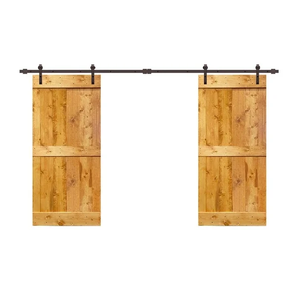 CALHOME 84 in. x 84 in. Mid-Bar Series Cherry Red Stained Solid Pine Wood Interior Double Sliding Barn Door with Hardware Kit