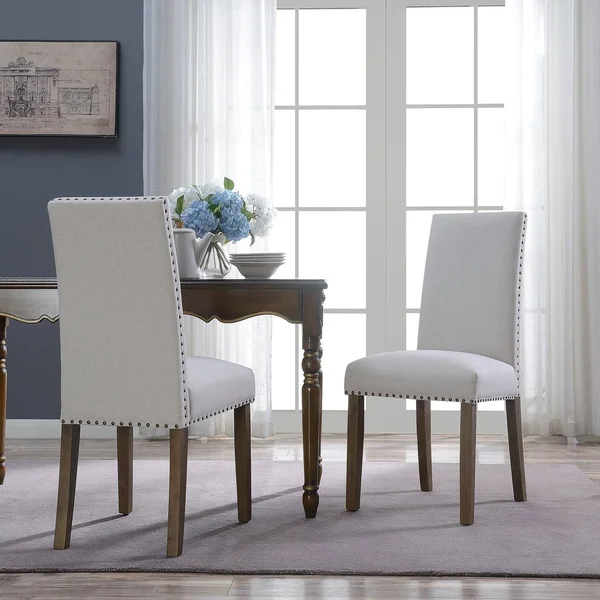 BELLEZE Set of (2) Dining Chairs Linen Armless Nailhead Trim Accent Elegant Side Chair Wooden Leg - Beige