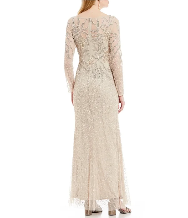 Adrianna Papell Long Illusion Sleeve Beaded Mesh Gown - 8