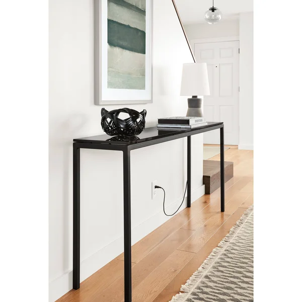 Room & Board - Modern Parsons 54W 18d 29h Console Table w/ 1x22 Leg, Smoke Tempered Glass Top w/ Natural Steel Base