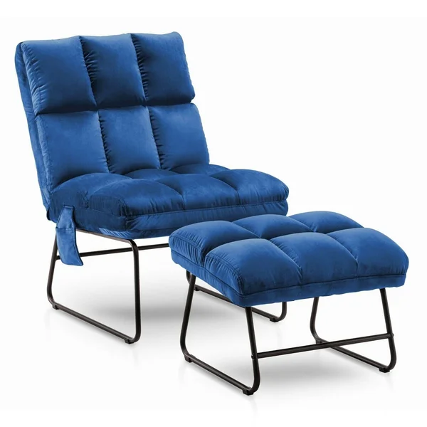 Mcombo Accent Chair with Ottoman, Velvet Modern Side Pocket Metal Legs, Club Chair Lounge Sofa Couch 0014 - Blue