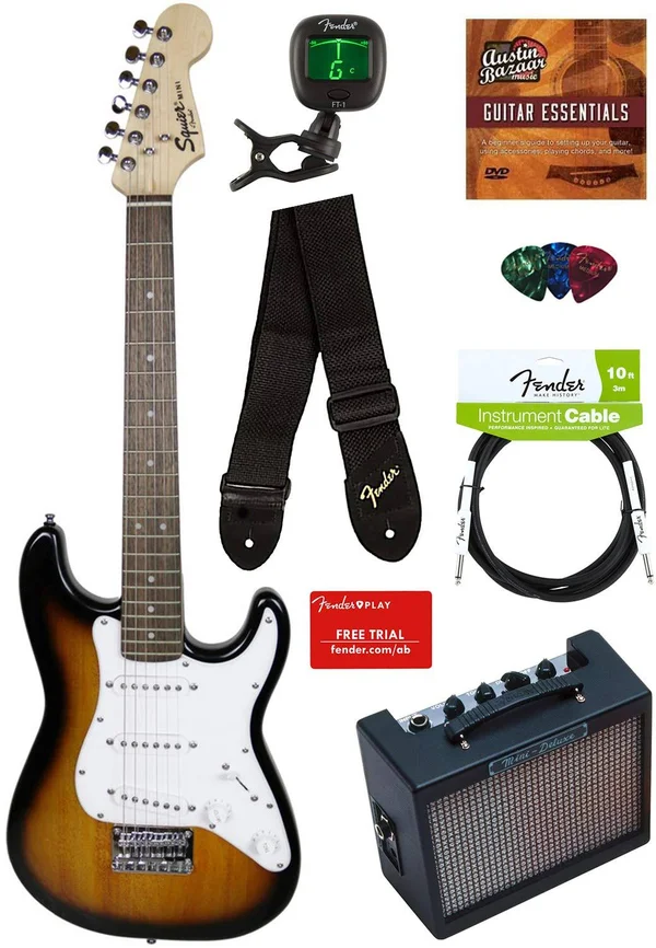Squier by Fender Mini Strat Electric Guitar - Brown Sunburst Bundle with Amplifier - Instrument Cable, Tuner, Strap, Picks, Fende