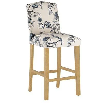 Nadia Bar & Counter Stool Wayfair Custom Upholstery Leg Color: Natural Wood, Body Fabric: Shaana Indigo OGA, Seat Height: Ba