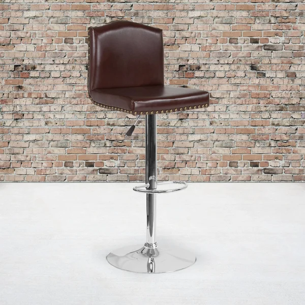Bellagio Contemporary Adjustable Height Barstool with Accent Nail TRIM, Brown Leather