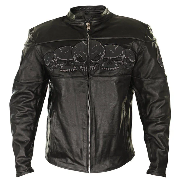 Xelement Bxu6050 Men's &3 Skull Head& Black Leather Motorcycle Jacket with X-Armor Protection - Black - Small