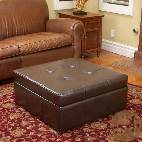 Noble House Chatsworth Brown Leather Storage Ottoman