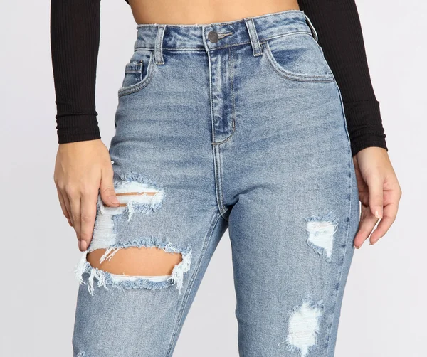 Chic Destruction High Rise Boyfriend Jeans in Medium Denim - Size: 0, Windsor