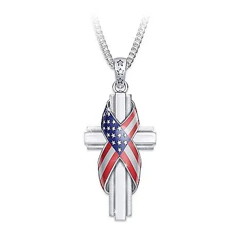 God Bless America Patriotic Cross Diamond Pendant Necklace