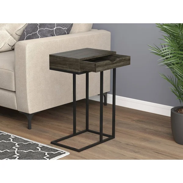 Safdie & Co. Accent Table C-Shaped Dark Grey Wood 1 Drawer Black Metal 81058Z74