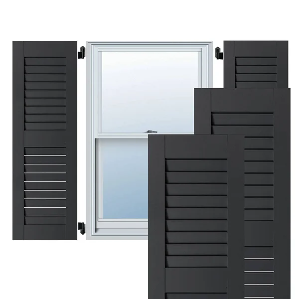 Ekena Millwork 15 in. x 62 in. Exterior Real Wood Sapele Mahogany Louvered Shutters Pair Black